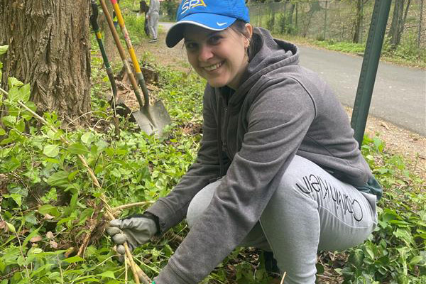 An SPA employee cleans up invasive plant species from Glencarlyn Park in Arlington, VA