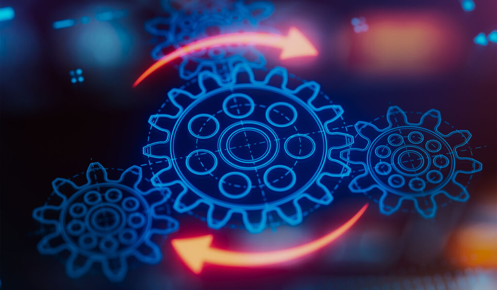 A stock image of digital gears turning, depicting SPA's digital systems engineering capability