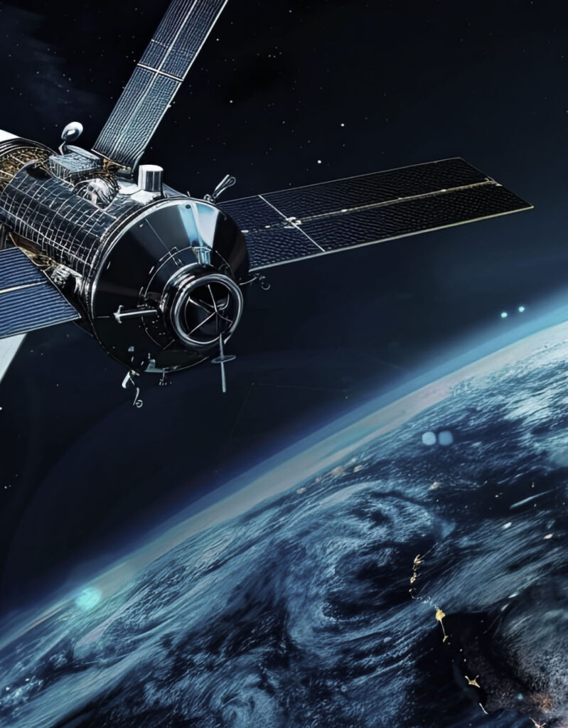 A stock image of a satellite in orbit depicting the intelligence domain that Systems Planning & Analysis covers