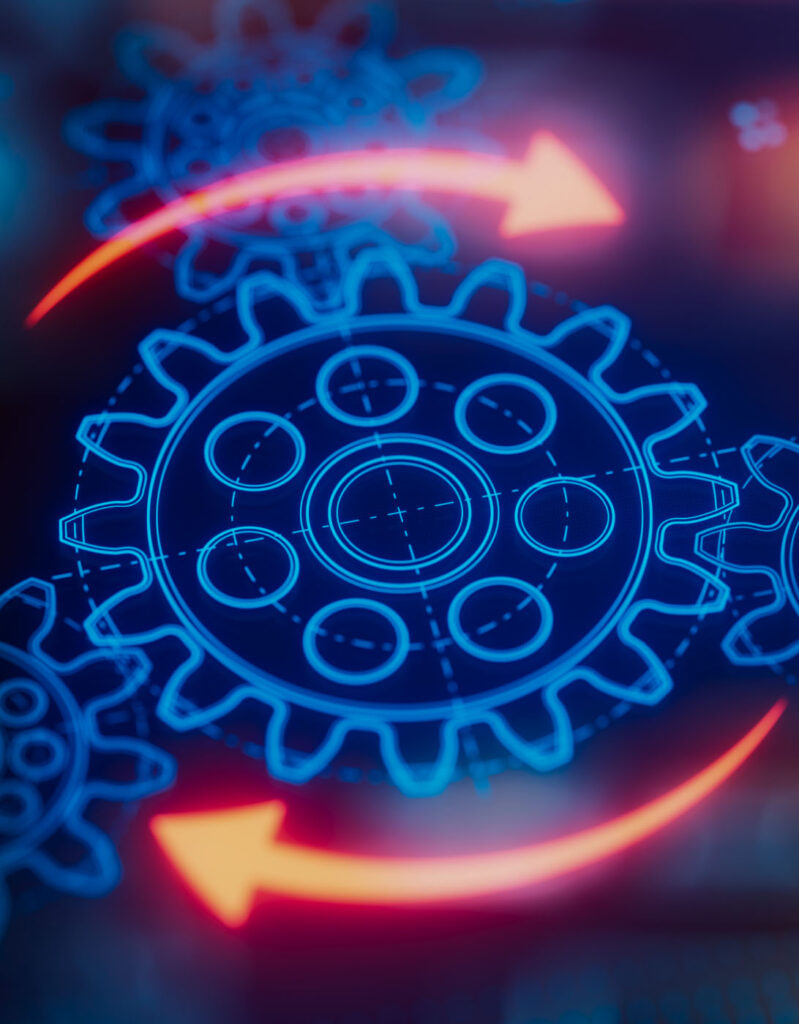 A stock image of digital gears turning, depicting SPA's digital systems engineering capability