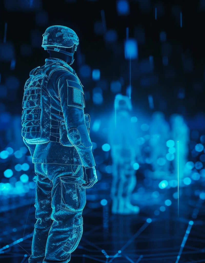 A stock image of a digital hologram warfighter standing and looking over terrain and other warfighters, depicting SPA digital wargaming capabilities
