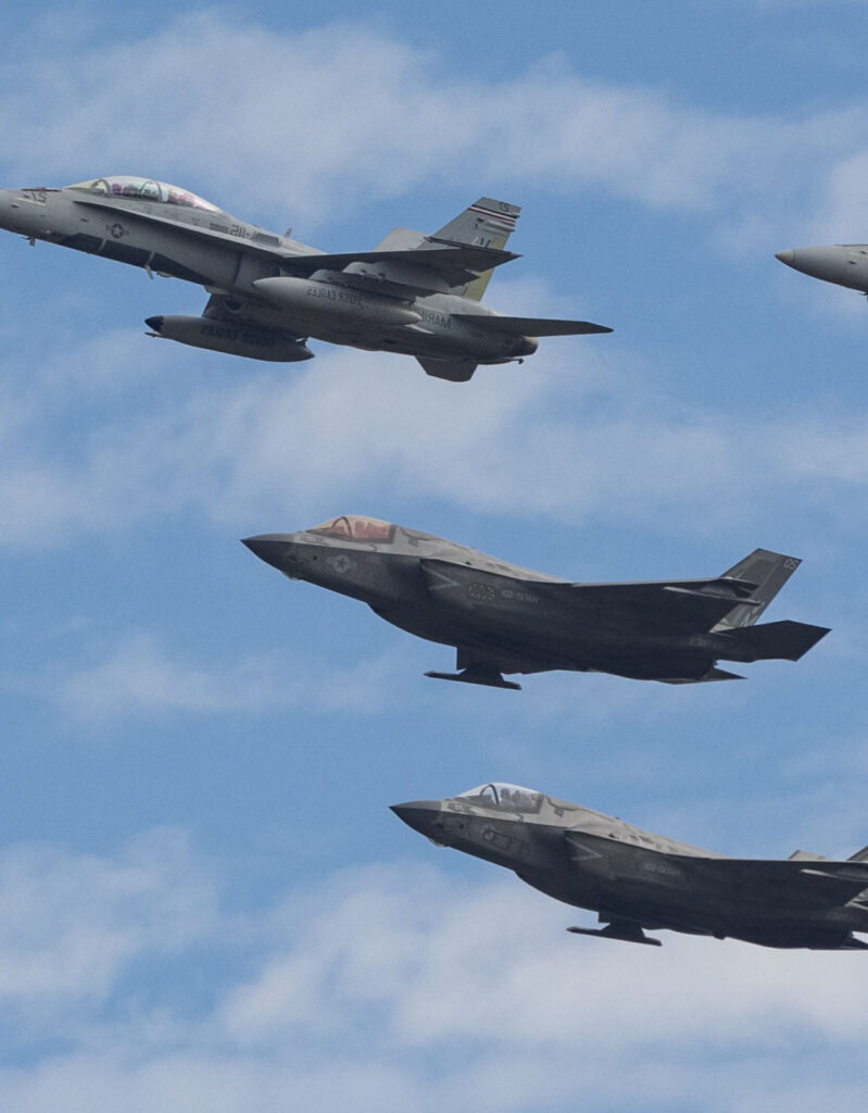 A stock image of military jets flying in formation depicting SPA's strategic analysis and force design capability