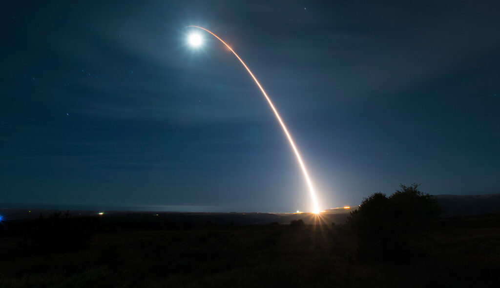 An unarmed Minuteman III intercontinental ballistic missile launches during a developmental test at 12:33 a.m. Pacific Time Wednesday, Feb. 5, 2020, at Vandenberg Air Force Base, Calif. (U.S. Air Force photo by Senior Airman Clayton Wear)