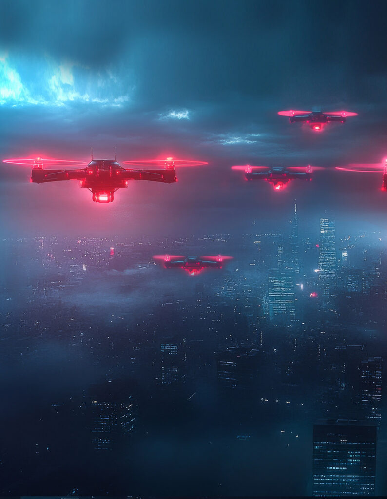 A stock image of C-UAS drones flaying in the night sky