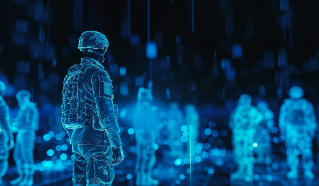 A stock image of a digital hologram warfighter standing and looking over terrain and other warfighters, depicting SPA digital wargaming capabilities