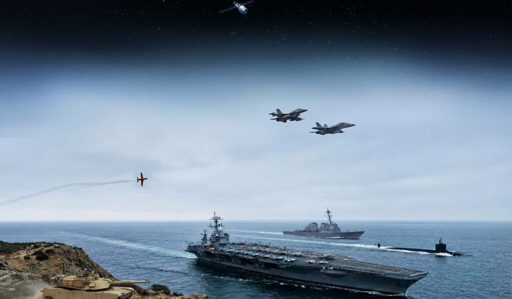 An image depicting SPA's Strategic Analysis and Force Design capabilities, including tanks, F-16s, satellites, and more,