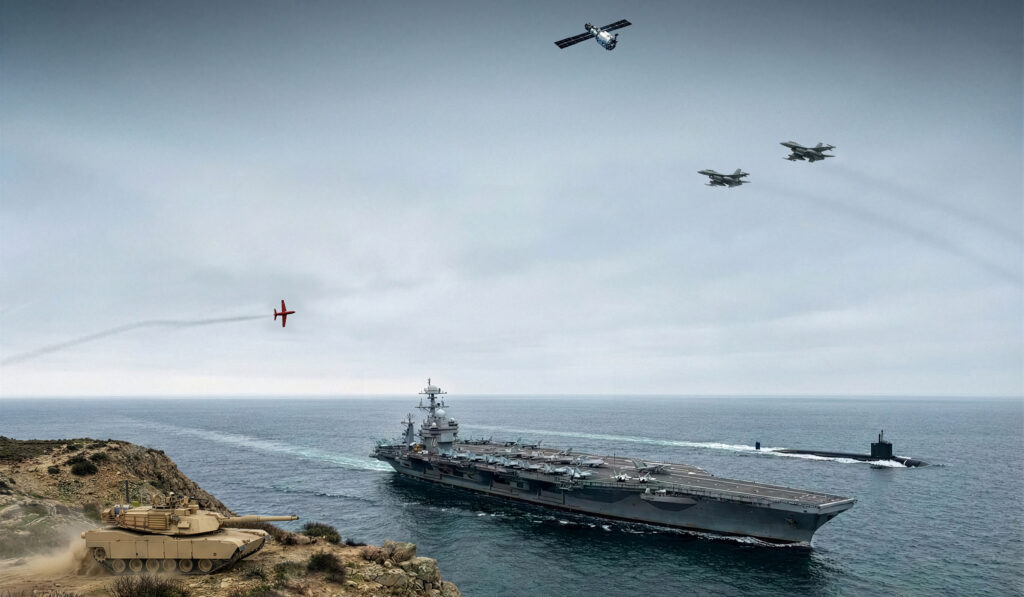 An image depicting SPA's Strategic Analysis and Force Design capabilities, including tanks, F-16s, satellites, and more,