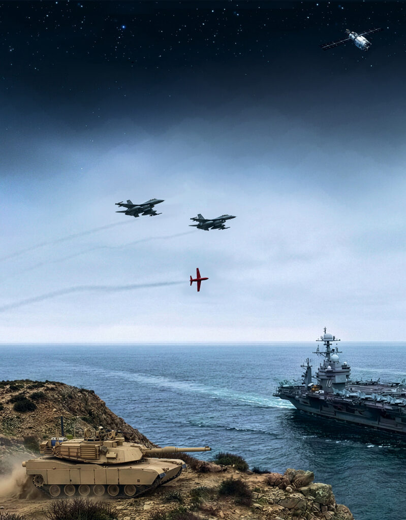 An image depicting SPA's Strategic Analysis and Force Design capabilities, including tanks, F-16s, satellites, and more,